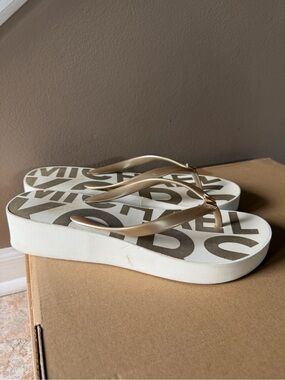 Michael Kors White Footbed with Gold Straps Platform Flip Flops